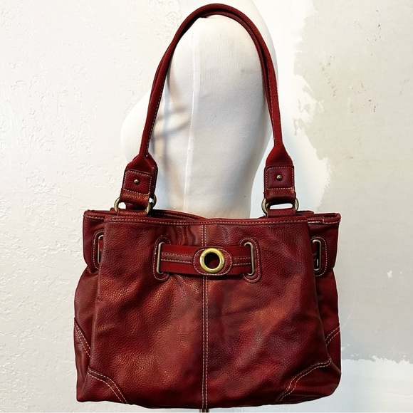 Handbags - Burgundy faux leather handbag with contrast stitching
